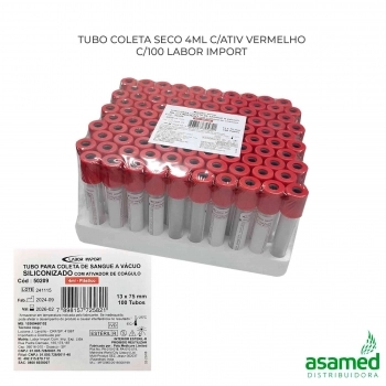 TUBO COLETA SECO 4ML C/ATIV VERMELHO C/100 LABOR IMPORT