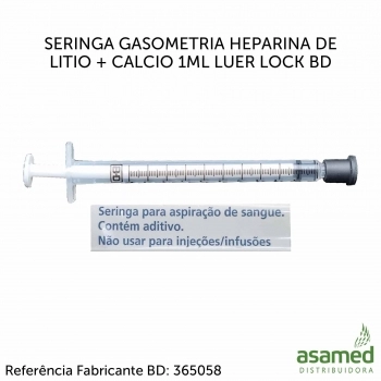 SERINGA GASOMETRIA HEPARINA DE LITIO + CALCIO 1ML LUER LOCK BD