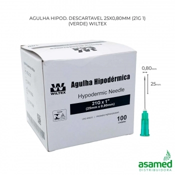 AGULHA HIPOD. DESCARTAVEL 25X0,80MM (21G 1) (VERDE) WILTEX