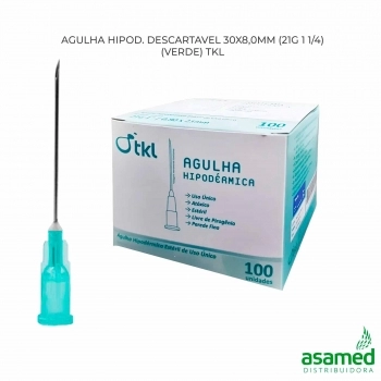 AGULHA HIPOD. DESCARTAVEL 30X8,0MM (21G 1 1/4) (VERDE) TKL