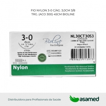 FIO NYLON 3-0 C/AG 3,0CM 3/8 TRG. CORT. (ACO 300) 45CM BIOLINE