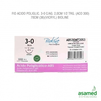 FIO ACIDO POLIGLICOLICO 3-0 C/AG. 2,0CM 1/2 TRG. (ACO 300) 70CM BIOLINE