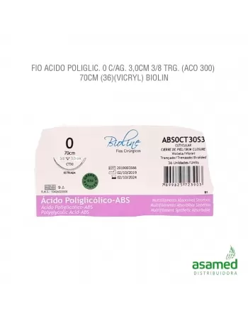 FIO ACIDO POLIGLICOLICO 0 C/AG. 3,0CM 3/8 TRG. (ACO 300) 70CM BIOLINE