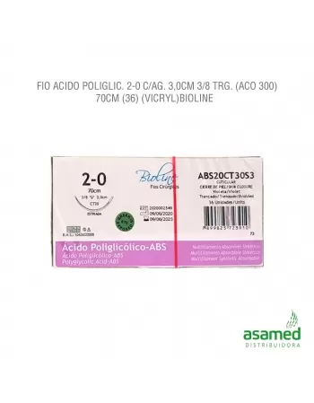 FIO ACIDO POLIGLICOLICO 2-0 C/AG. 3,0CM 3/8 TRG. (ACO 300) 70CM BIOLINE