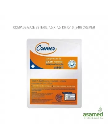 COMPRESSA DE GAZE ESTERIL 13F 7,5X7,5 (15X30CM) C/10 CREMER