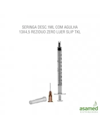 SERINGA DESC. 1ML COM AGULHA 13X4,5 REZIDUO ZERO LUER SLIP TKL