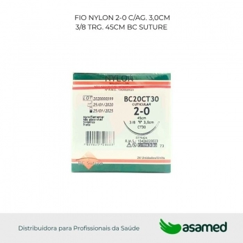 FIO NYLON 2-0 C/AG. 3,0CM 3/8 TRG. CORT. 45CM BC SUTURE