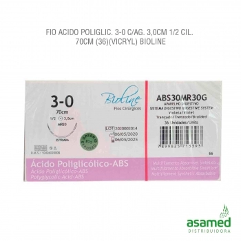FIO ACIDO POLIGLICOLICO 3-0 C/AG. 3,0CM 1/2 CIL. 70CM BIOLINE
