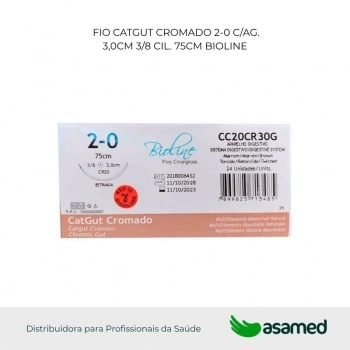 FIO CATGUT CROMADO 2-0 MARROM C/AG 3,0CM 3/8 CIL. 75CM BIOLINE