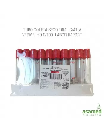 TUBO COLETA SECO 10ML C/ATIV VERMELHO C/100 LABOR IMPORT