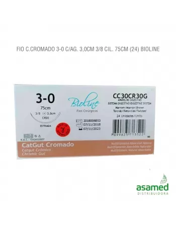 FIO CATGUT CROMADO 3-0 C/AG. 3,0CM 3/8 CIL. 75CM BIOLINE