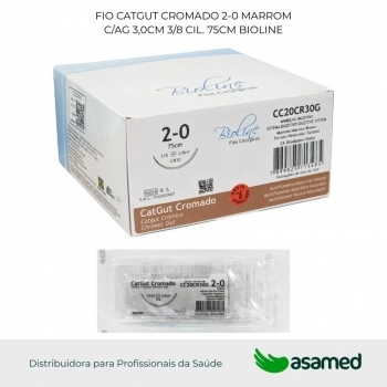 FIO CATGUT CROMADO 2-0 MARROM C/AG 3,0CM 3/8 CIL. 75CM BIOLINE