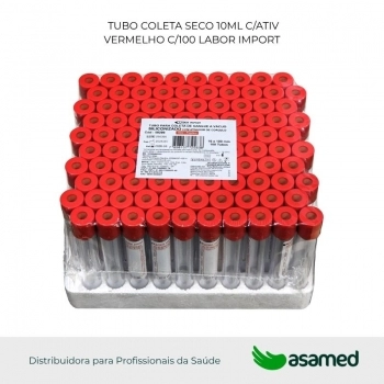 TUBO COLETA SECO 10ML C/ATIV VERMELHO C/100 LABOR IMPORT