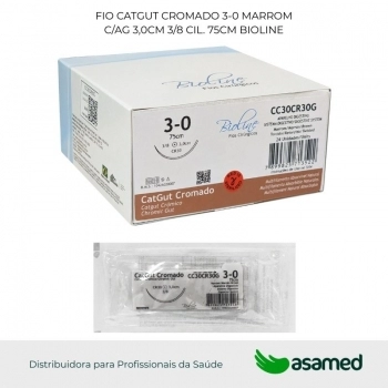 FIO CATGUT CROMADO 3-0 MARROM C/AG 3,0CM 3/8 CIL. 75CM BIOLINE