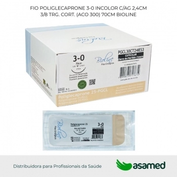 FIO POLIGLECAPRONE 3-0 INCOLOR C/AG 2,4CM 3/8 TRG. CORT. (ACO 300) 70CM BIOLINE
