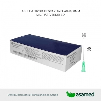 AGULHA HIPOD. DESCARTAVEL 40X0,80MM (21G 1 1/2) (VERDE) BD
