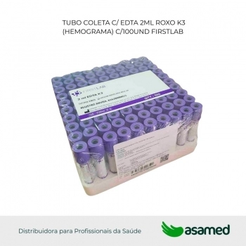 TUBO COLETA C/ EDTA 2ML ROXO K3 (HEMOGRAMA) C/100UND FIRSTLAB