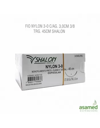 FIO NYLON 3-0 C/AG. 3,0CM 3/8 TRG. 45CM SHALON